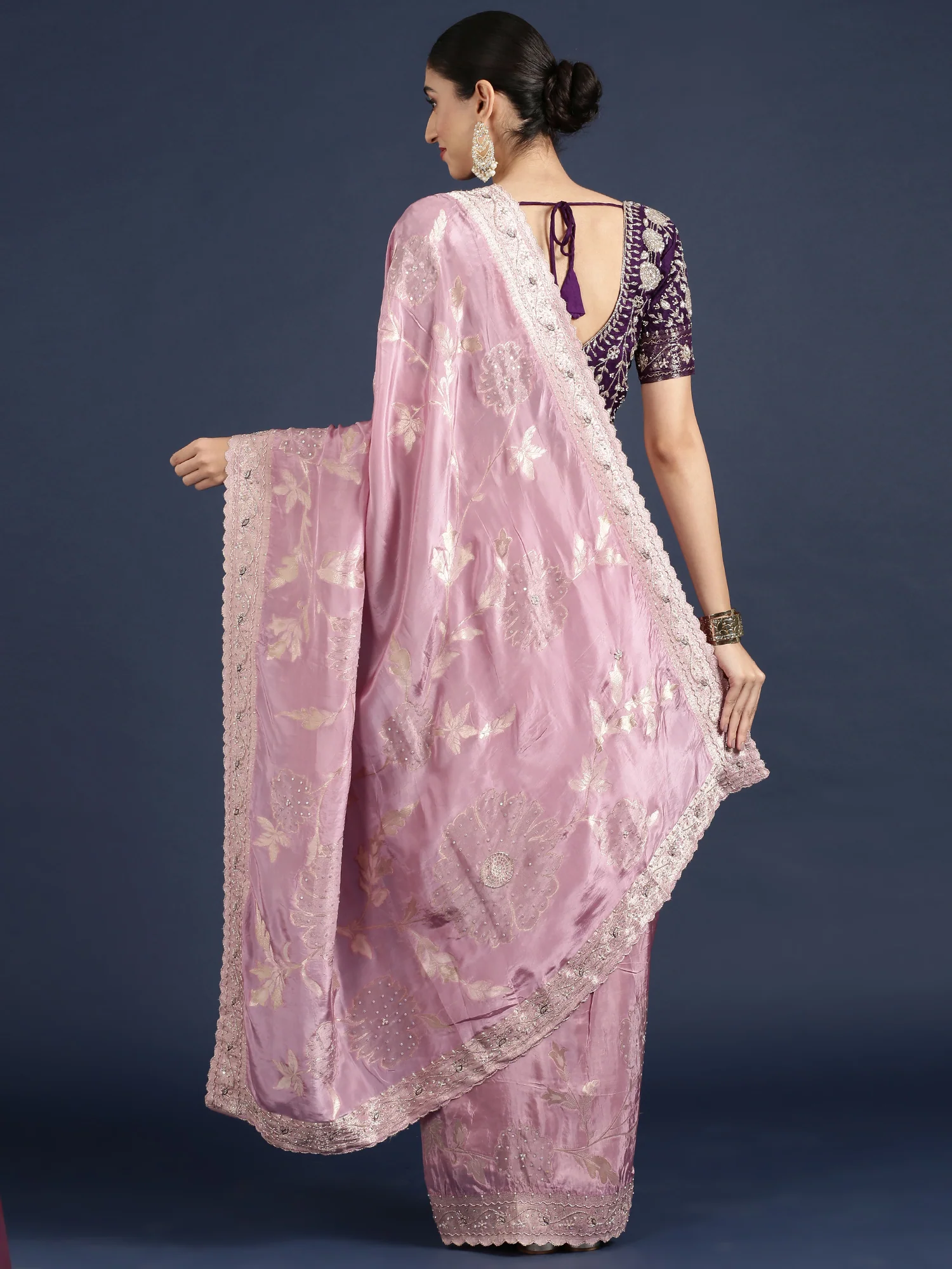 Lilac Tissue Weaved Saree With Stone Work Readymade Blouse - Image 2
