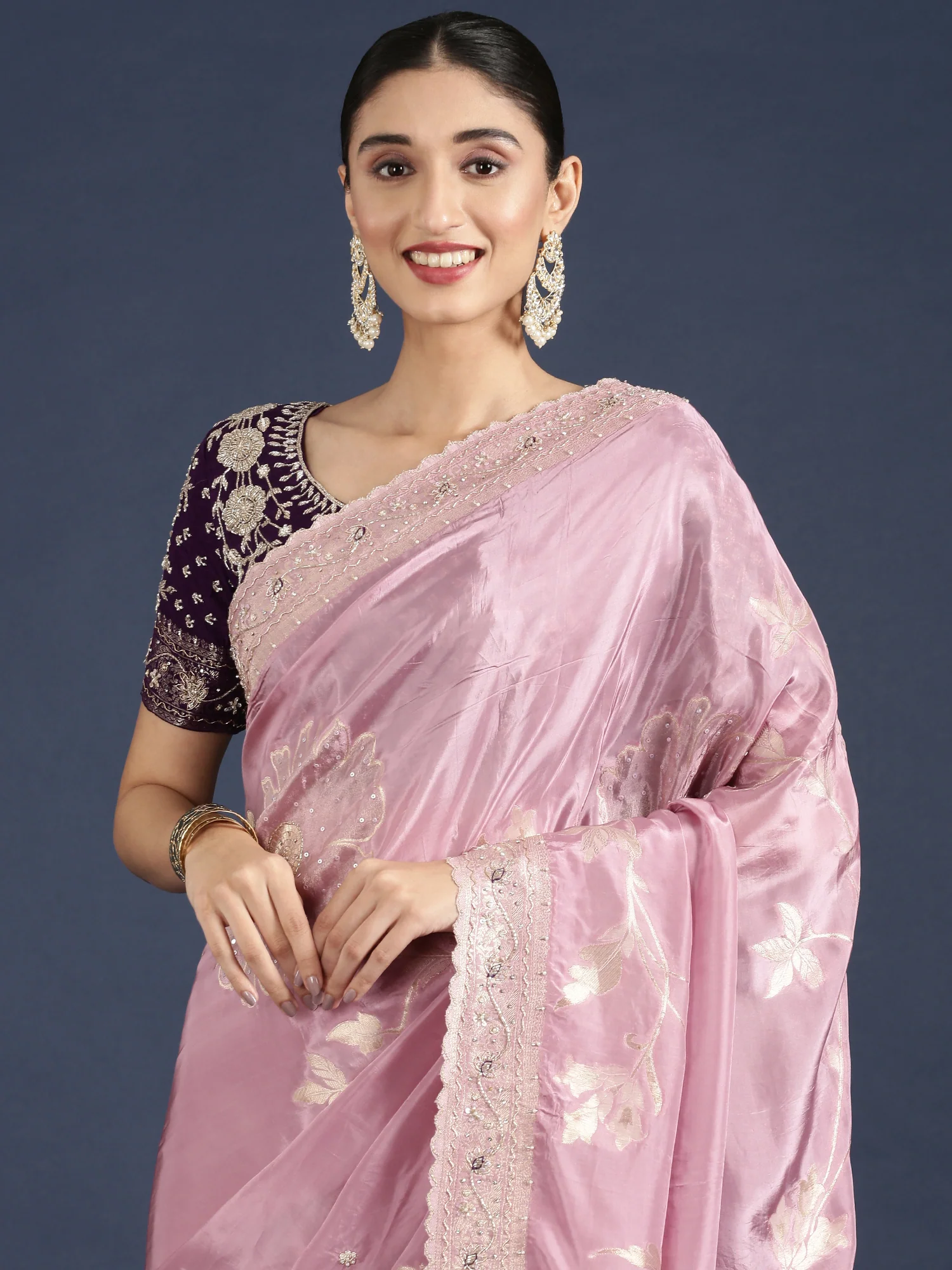 Lilac Tissue Weaved Saree With Stone Work Readymade Blouse - Image 3