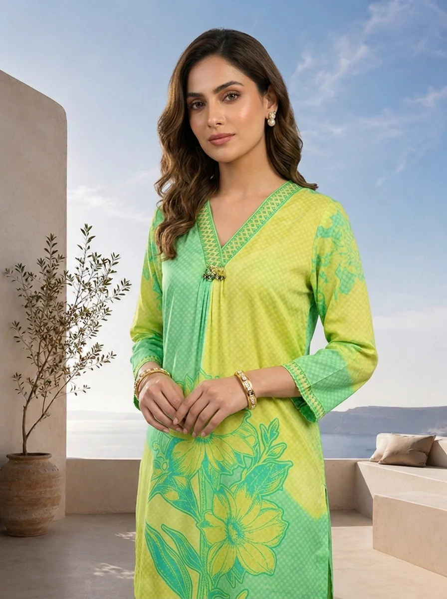 Lime Green Beads Embroidered And Floral Printed Crepe Two Piece Set - Image 2