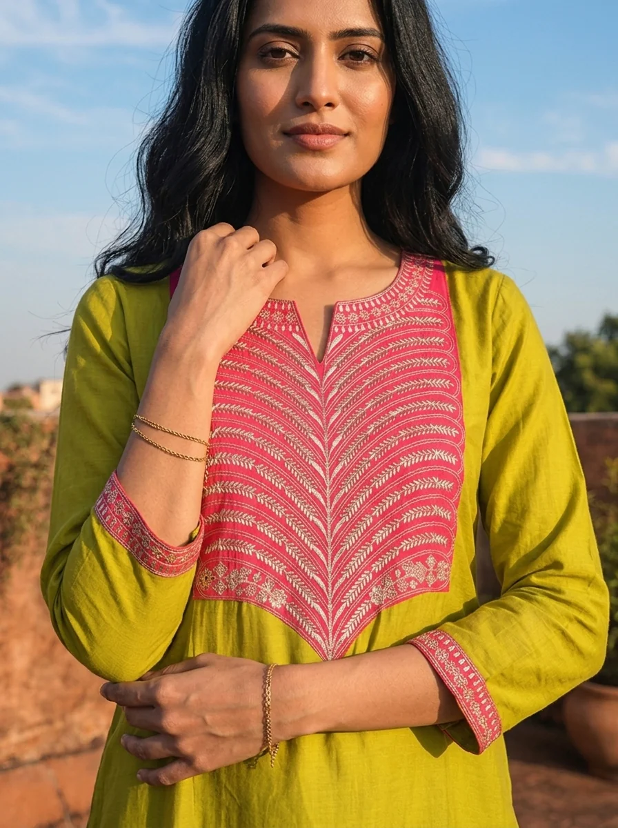 Lime Green Cotton Solid With Color Block Embroidered Three Piece Set - Image 3