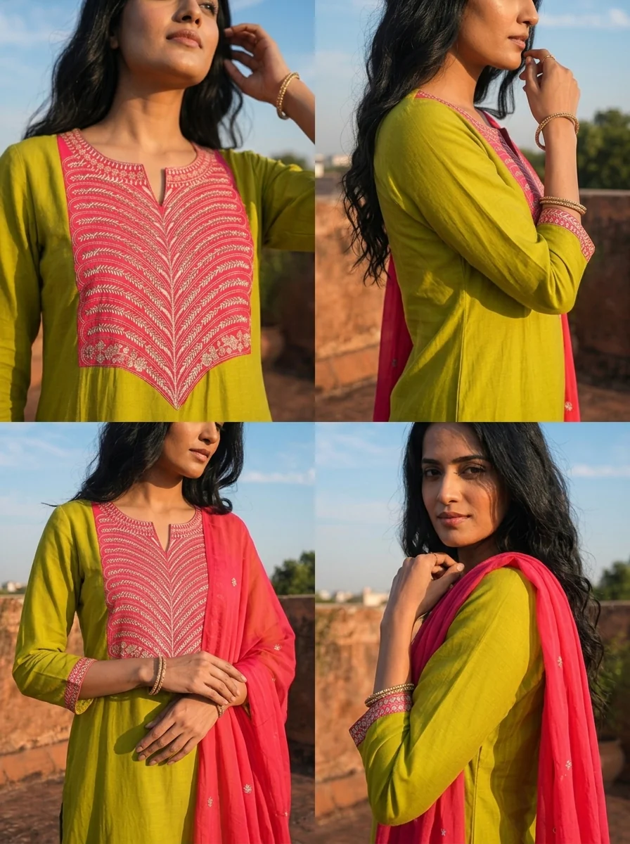 Lime Green Cotton Solid With Color Block Embroidered Three Piece Set - Image 5
