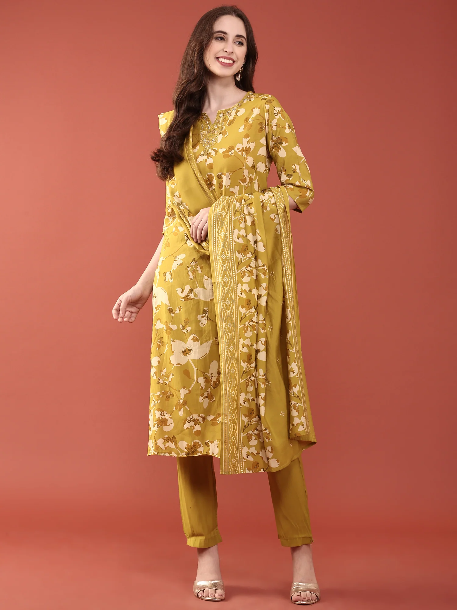 Lime Green Dola Silk Digital Print Three Piece Set - Image 5