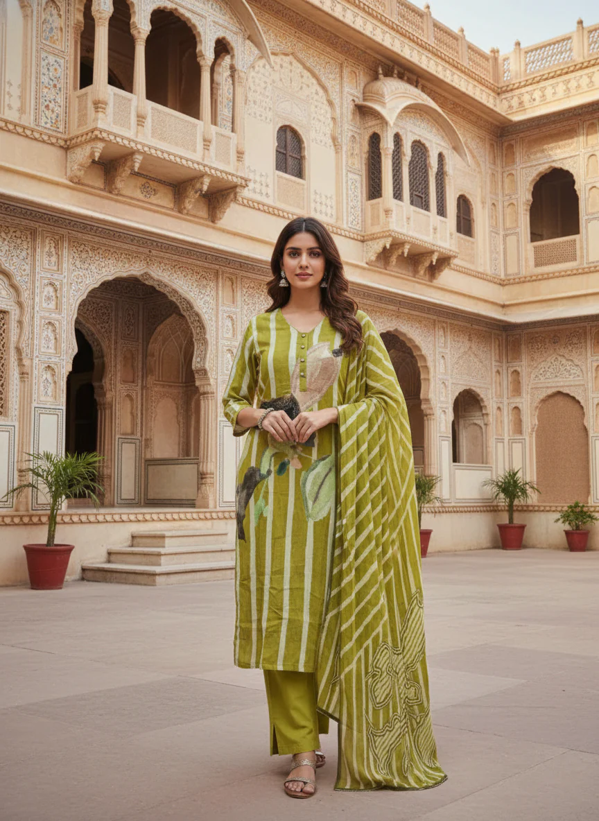 Lime Green Linen Digital Print Three Piece Set