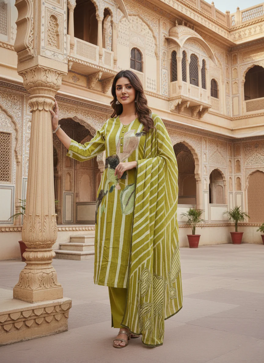 Lime Green Linen Digital Print Three Piece Set - Image 4