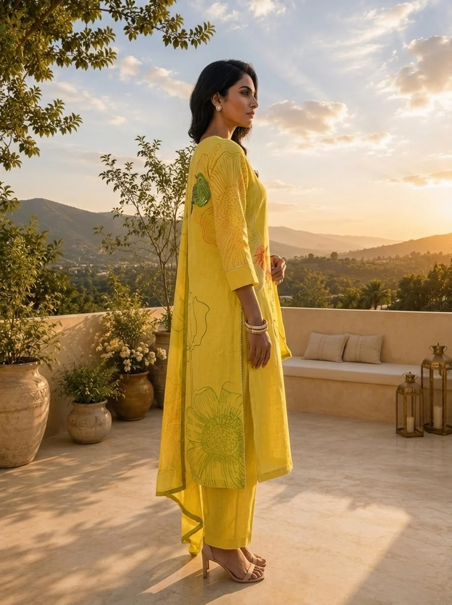 Lime Green Silk Three Piece Set With Printed Motif - Image 3