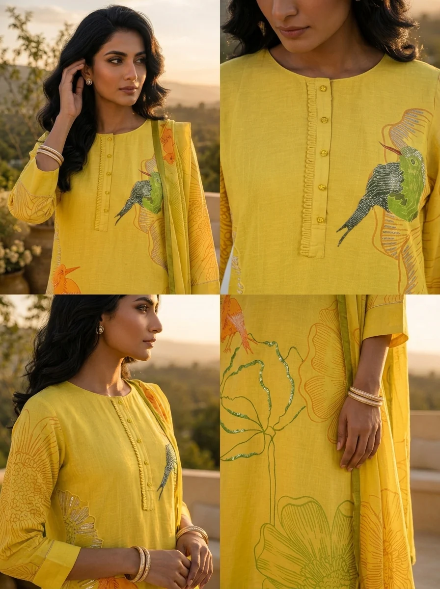 Lime Green Silk Three Piece Set With Printed Motif - Image 5
