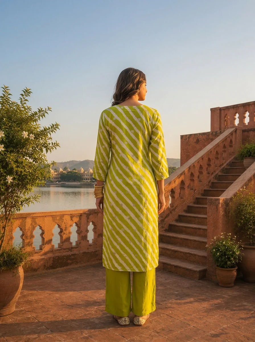 Lime Muslin Floral Zari Embroidery And Leheriya Printed Two Piece Set - Image 2