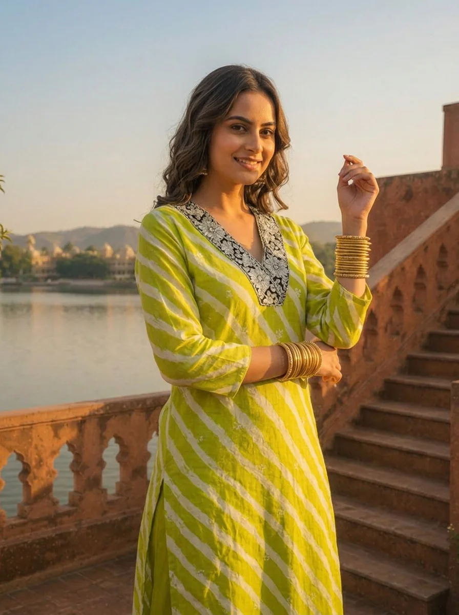 Lime Muslin Floral Zari Embroidery And Leheriya Printed Two Piece Set - Image 4