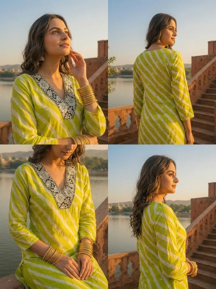Lime Muslin Floral Zari Embroidery And Leheriya Printed Two Piece Set - Image 5