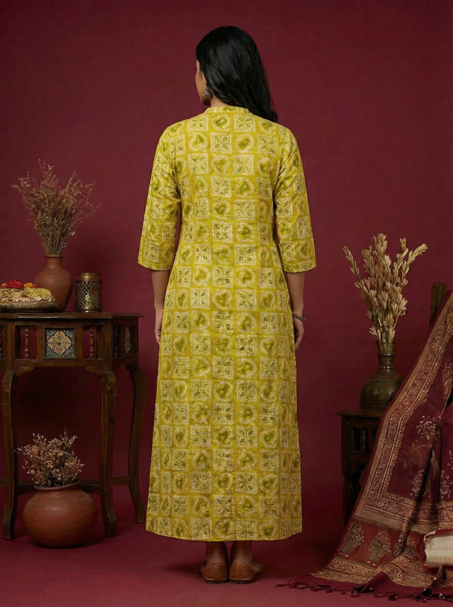Lime Silk Digital Print Kurta - Image 3