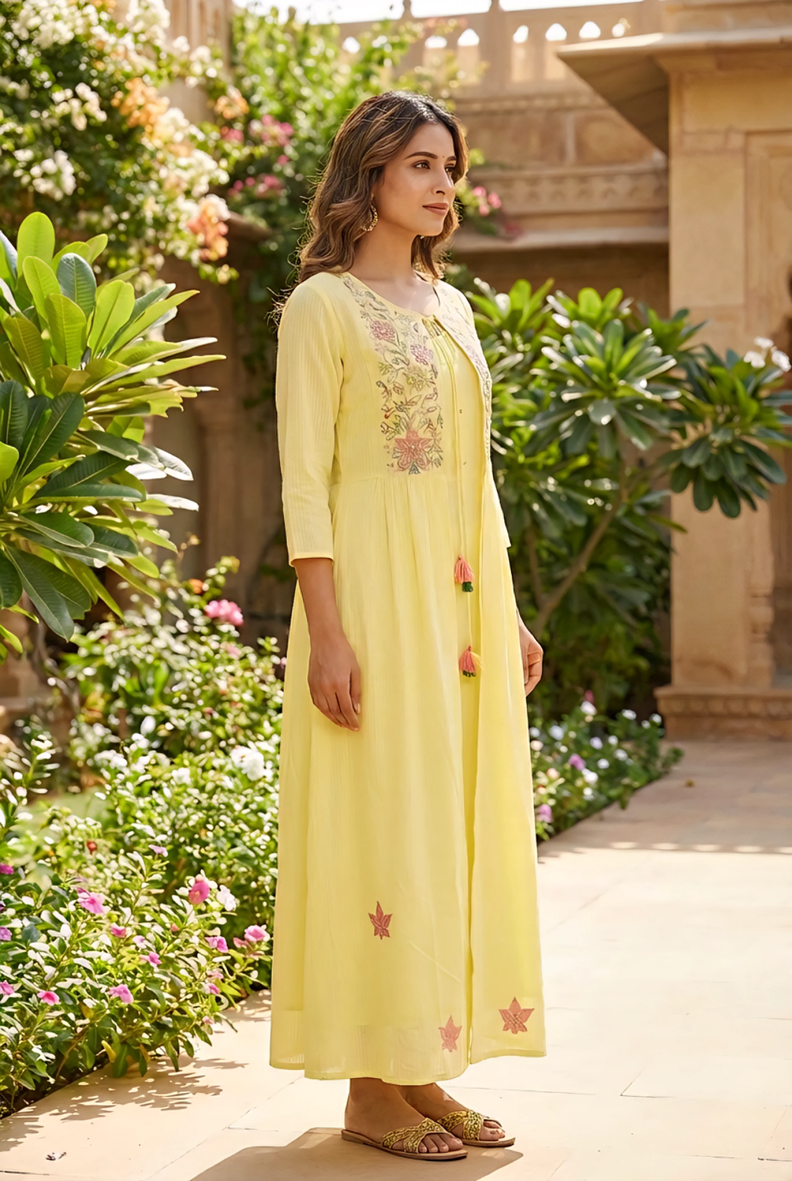 Lime Yellow Cotton Floral Hand Embroidery Long Dress - Image 2