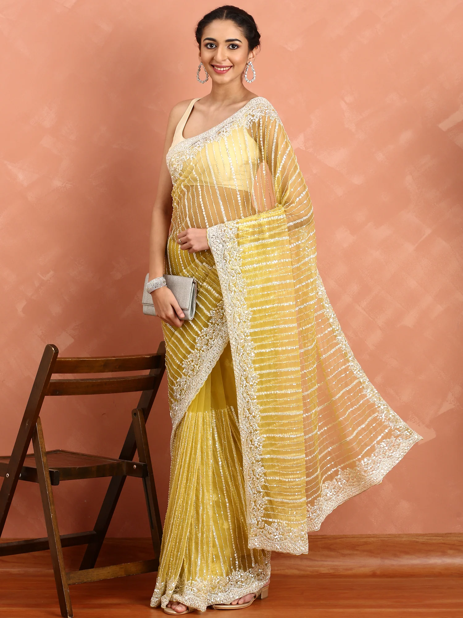 Lime yellow net saree with cut Dana hand embroidery - Image 4
