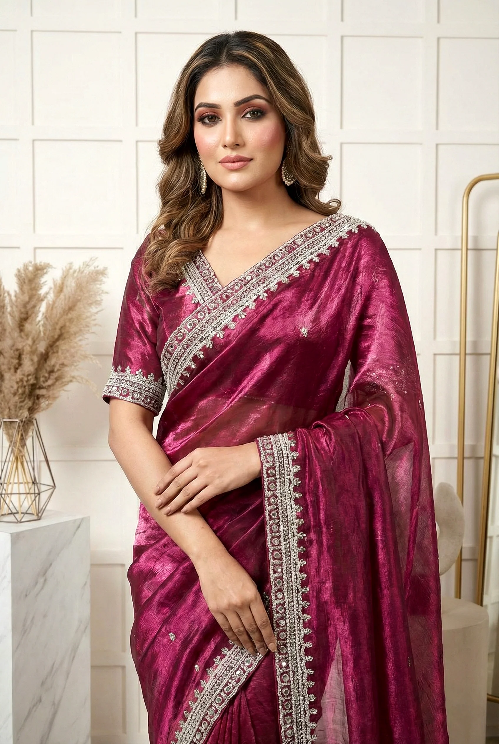 Magenta Beads Embroidered Organza Saree - Image 2