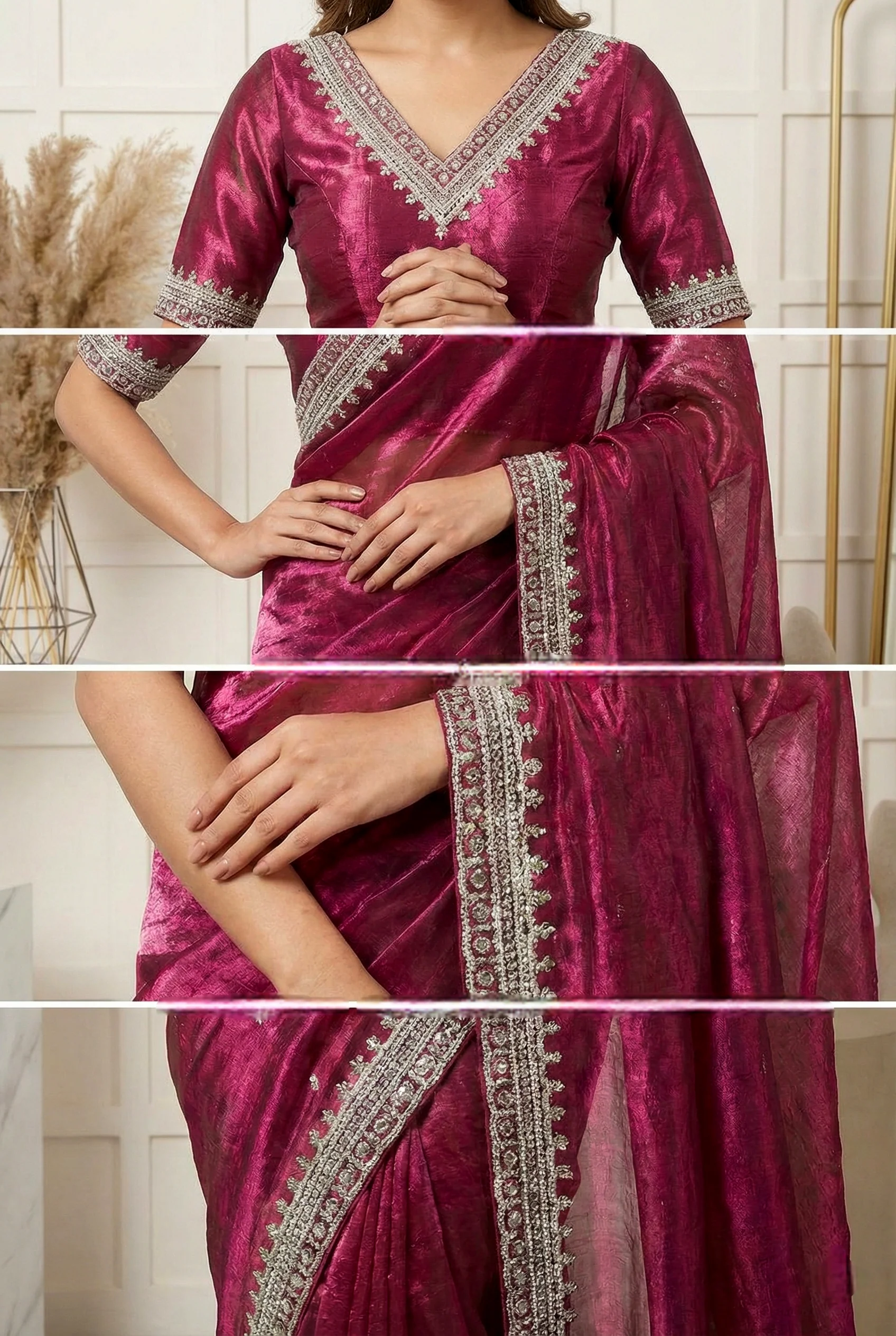 Magenta Beads Embroidered Organza Saree - Image 3