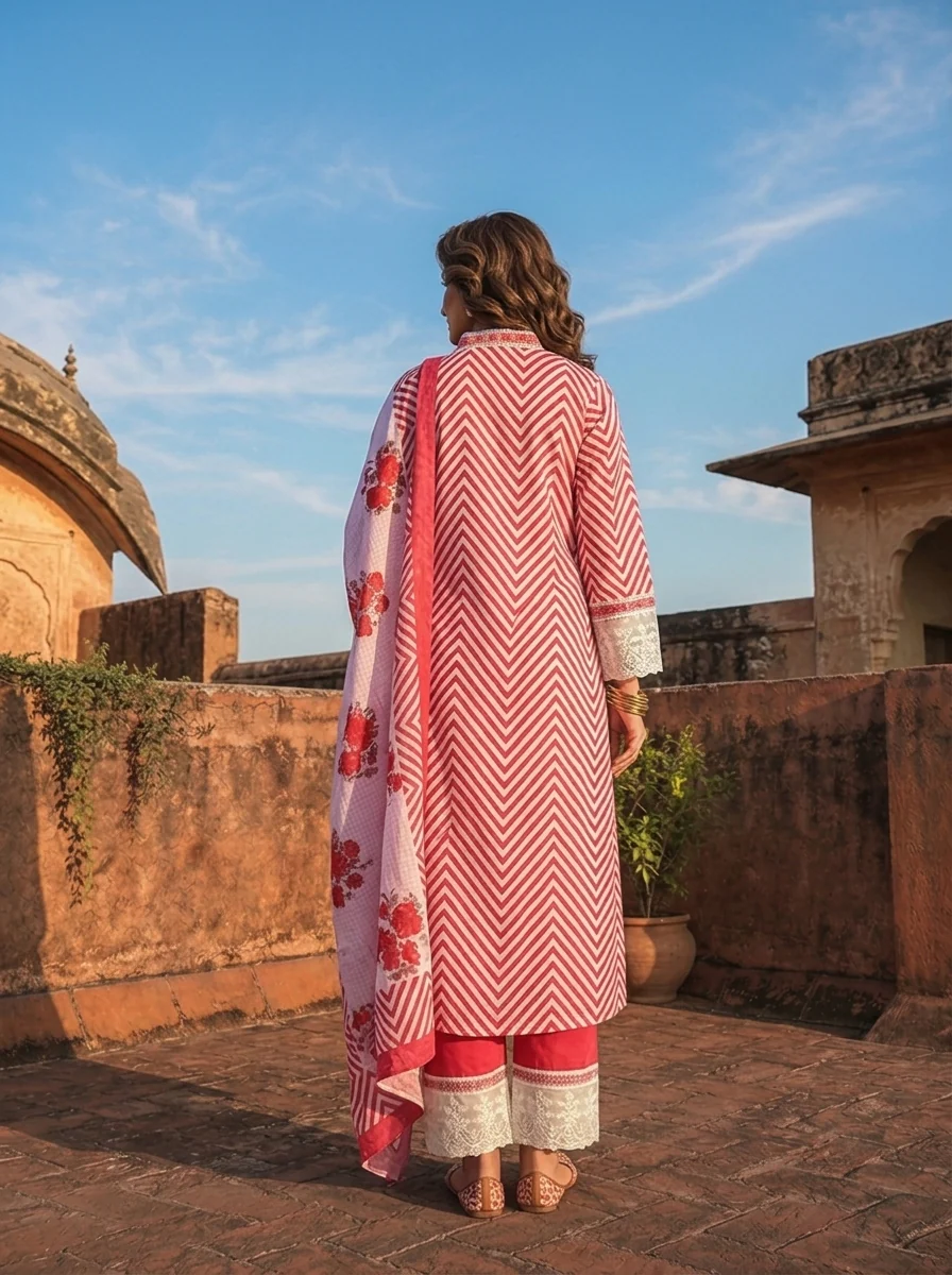 Magenta Cotton Chevron Printed Three Piece Set - Image 2