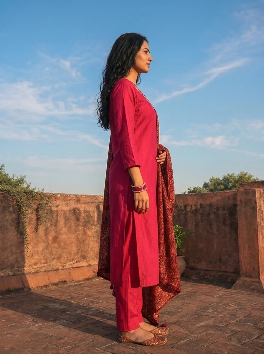 Magenta Cotton Floral Embroidered Three Piece Set - Image 3