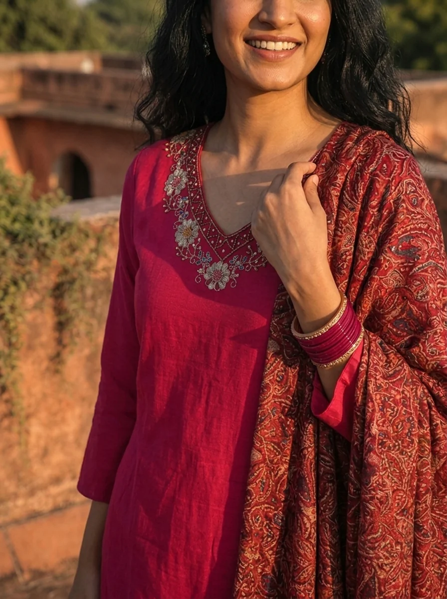 Magenta Cotton Floral Embroidered Three Piece Set - Image 4