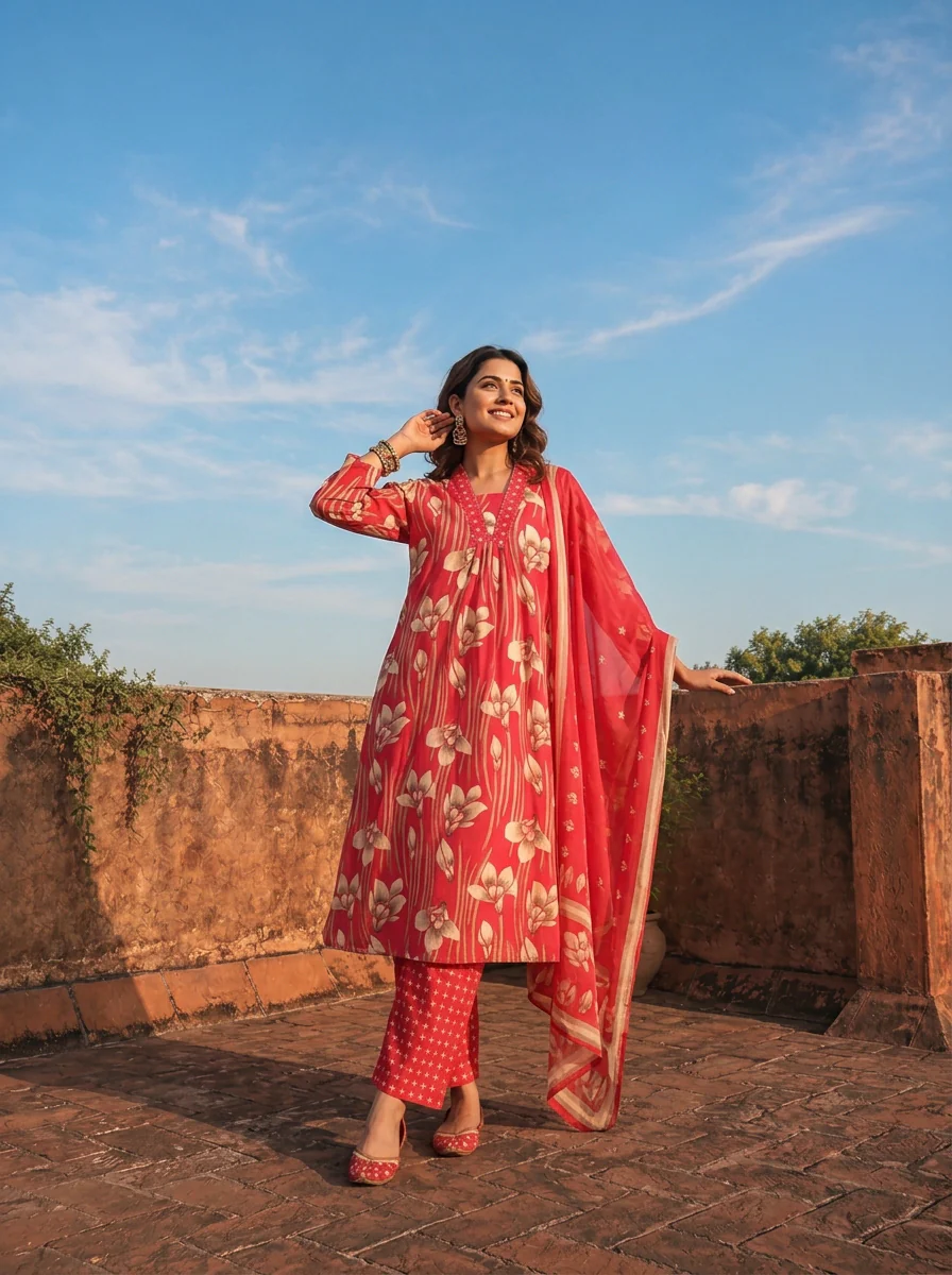 Magenta Cotton Linear Floral Printed Three Piece Set - Image 2