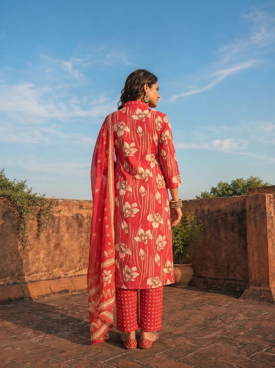Magenta Cotton Linear Floral Printed Three Piece Set - Image 3