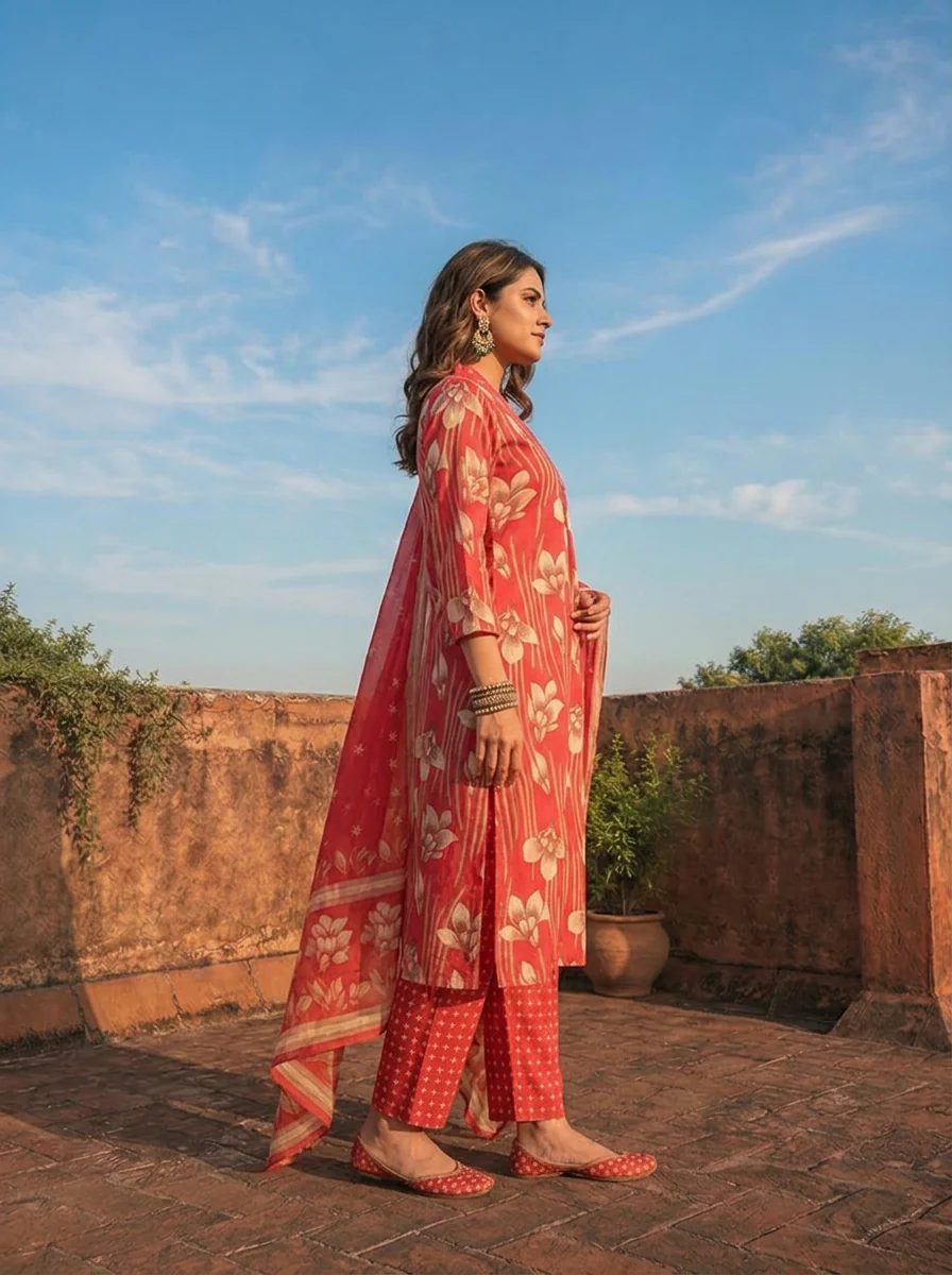 Magenta Cotton Linear Floral Printed Three Piece Set - Image 4