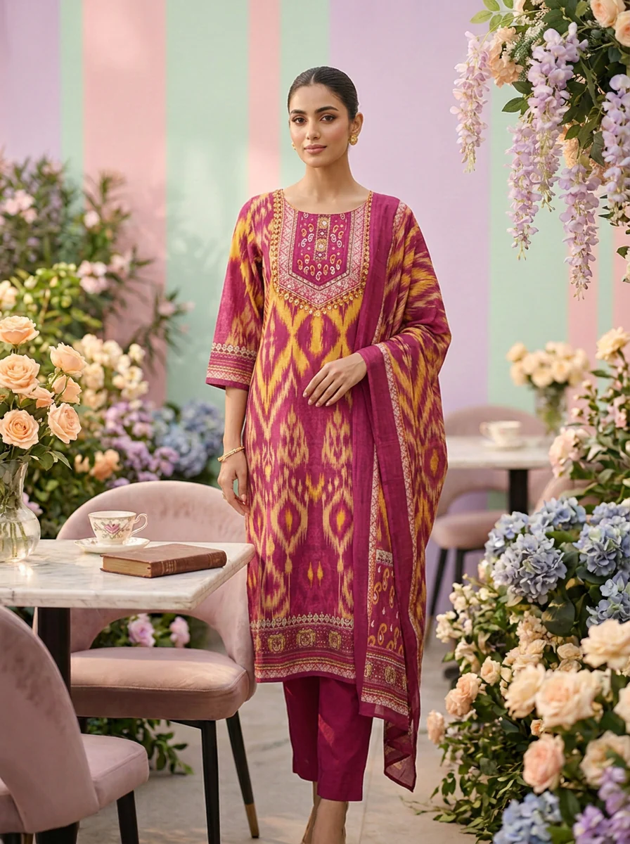 Magenta Cotton Printed Three Piece Set