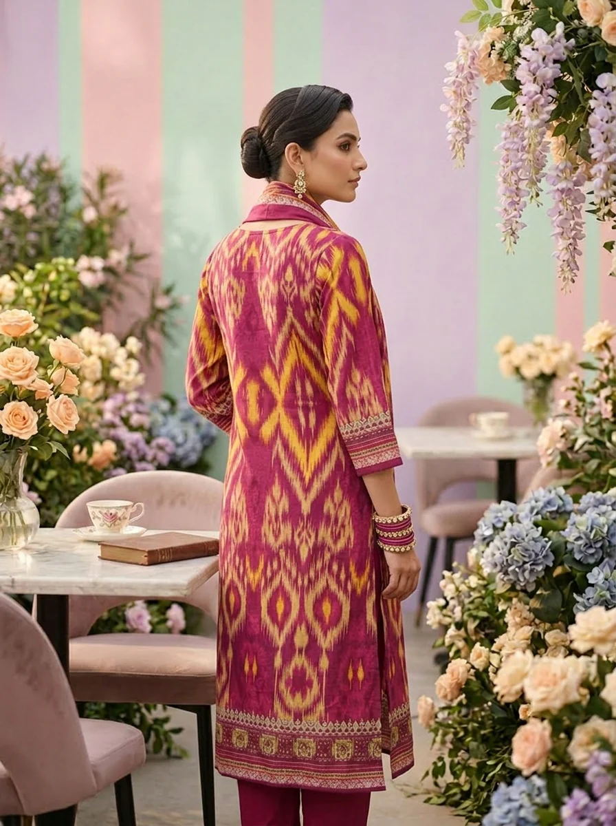 Magenta Cotton Printed Three Piece Set - Image 2
