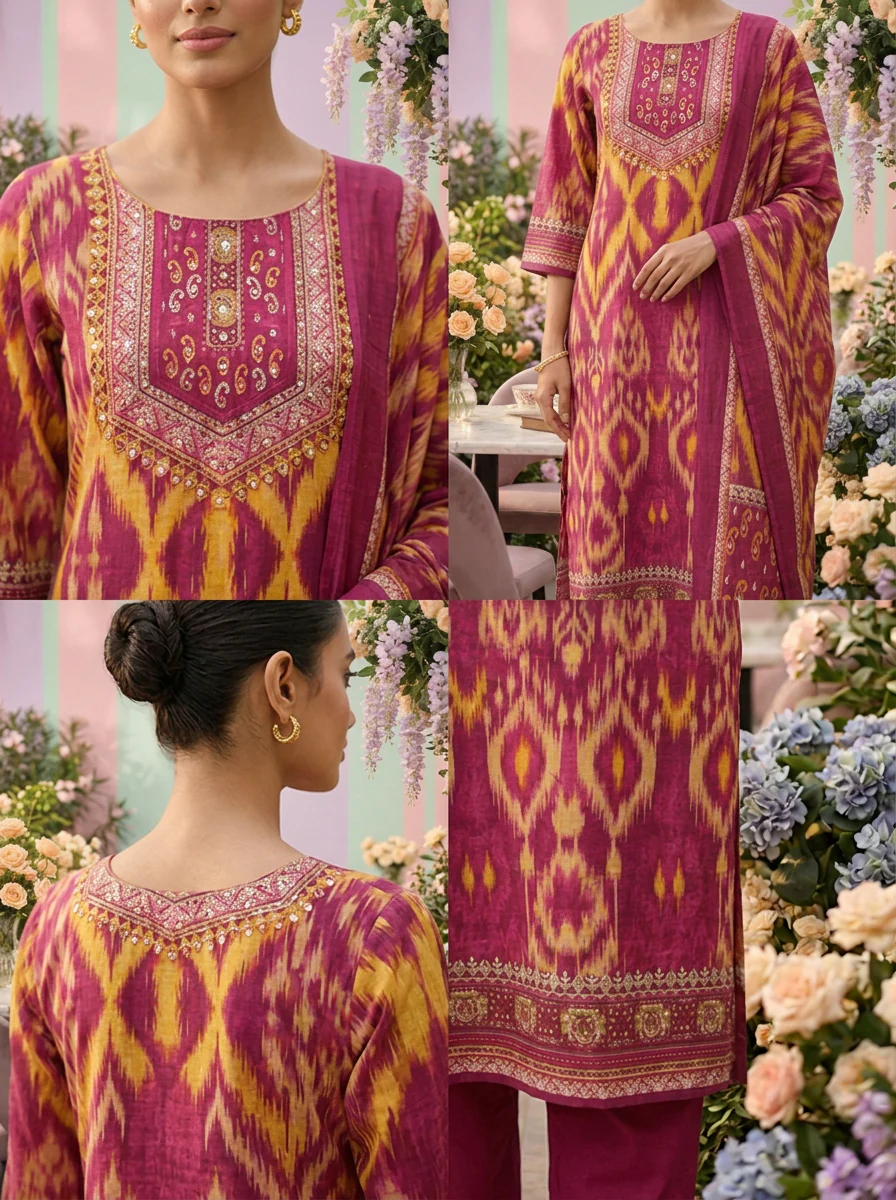 Magenta Cotton Printed Three Piece Set - Image 3
