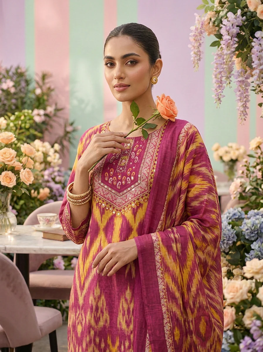 Magenta Cotton Printed Three Piece Set - Image 5