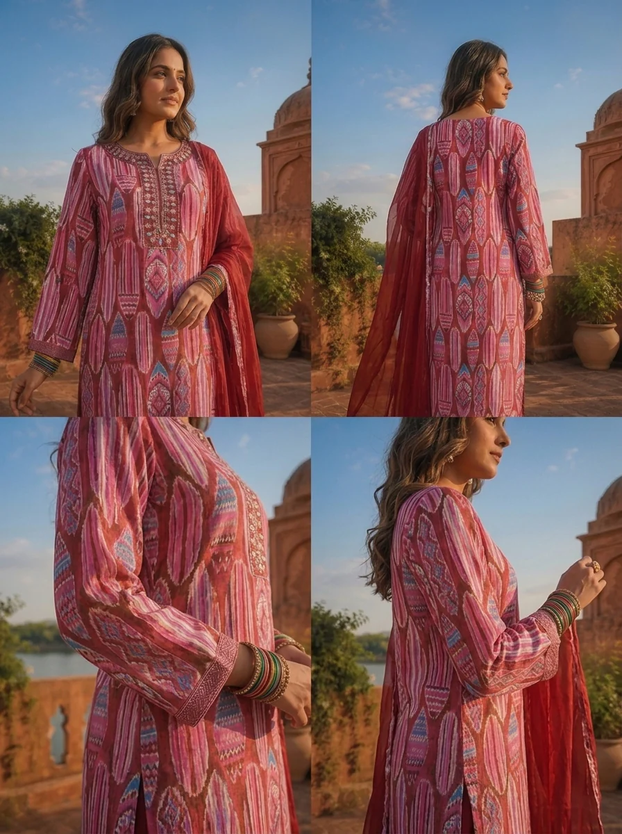 Magenta Crepe Abstract Tribal Printed Three Piece Set - Image 5