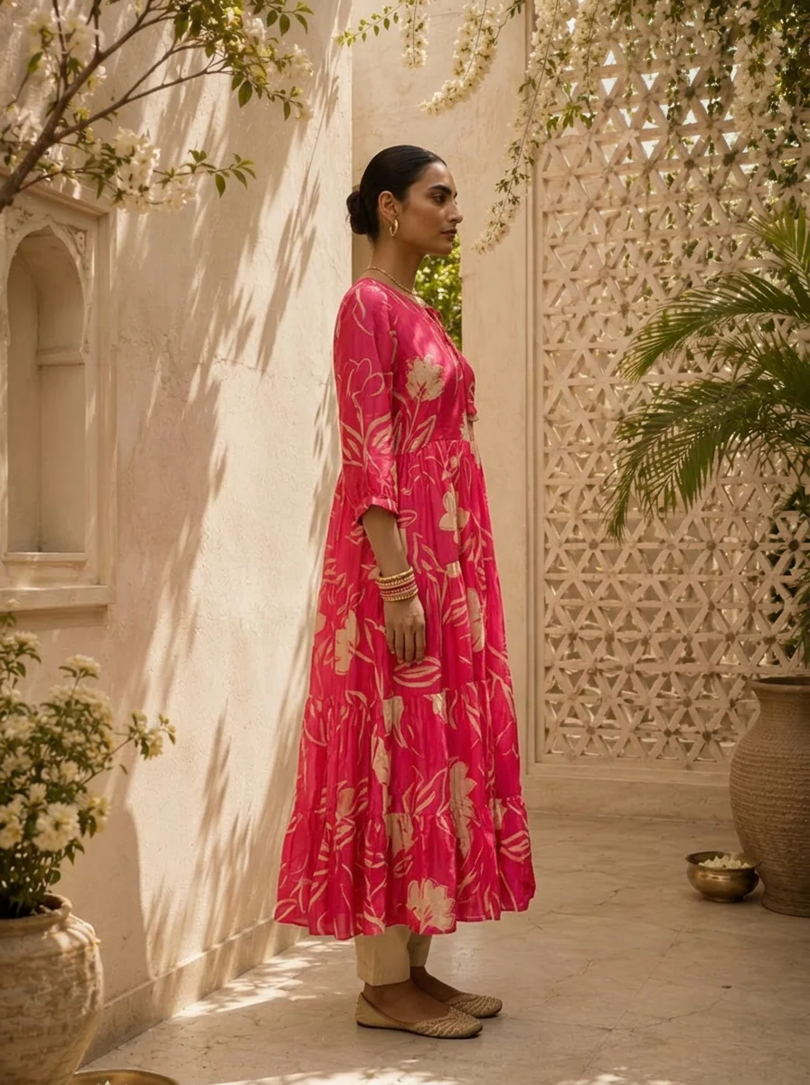 Magenta Floral Printed Muslin Long Dress - Image 4