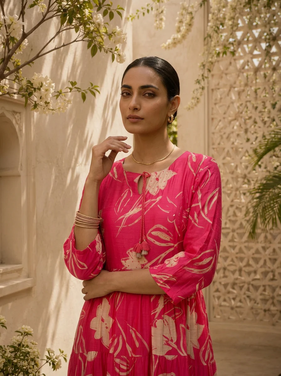 Magenta Floral Printed Muslin Long Dress - Image 5