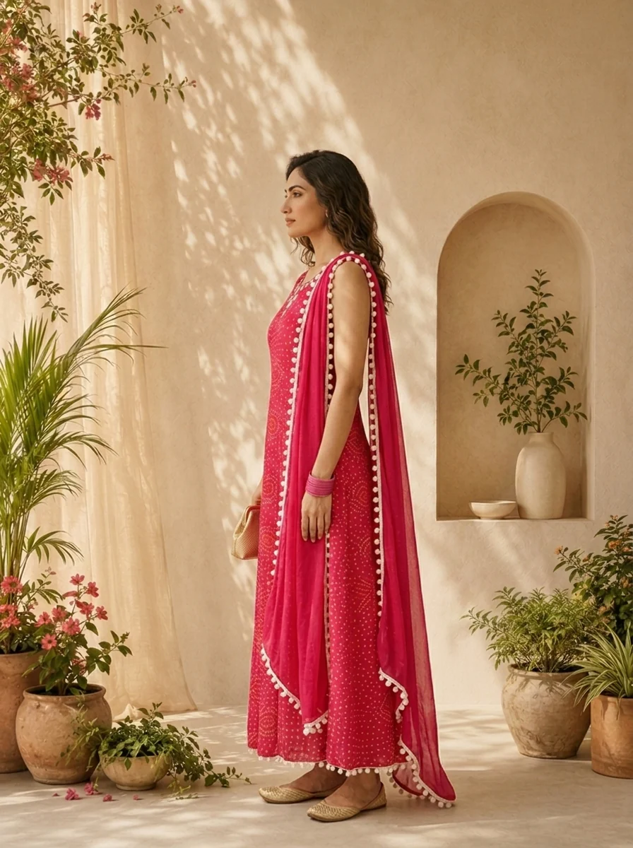 Magenta Georgette  Bandani Printed And Mirror Embroidery Three Piece Set - Image 3