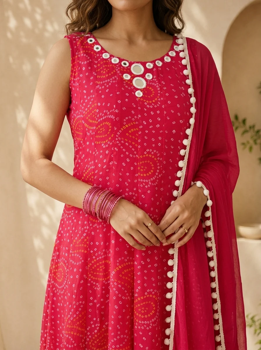 Magenta Georgette  Bandani Printed And Mirror Embroidery Three Piece Set - Image 4