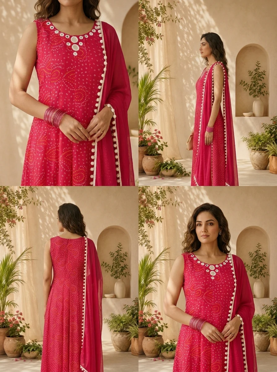 Magenta Georgette  Bandani Printed And Mirror Embroidery Three Piece Set - Image 5