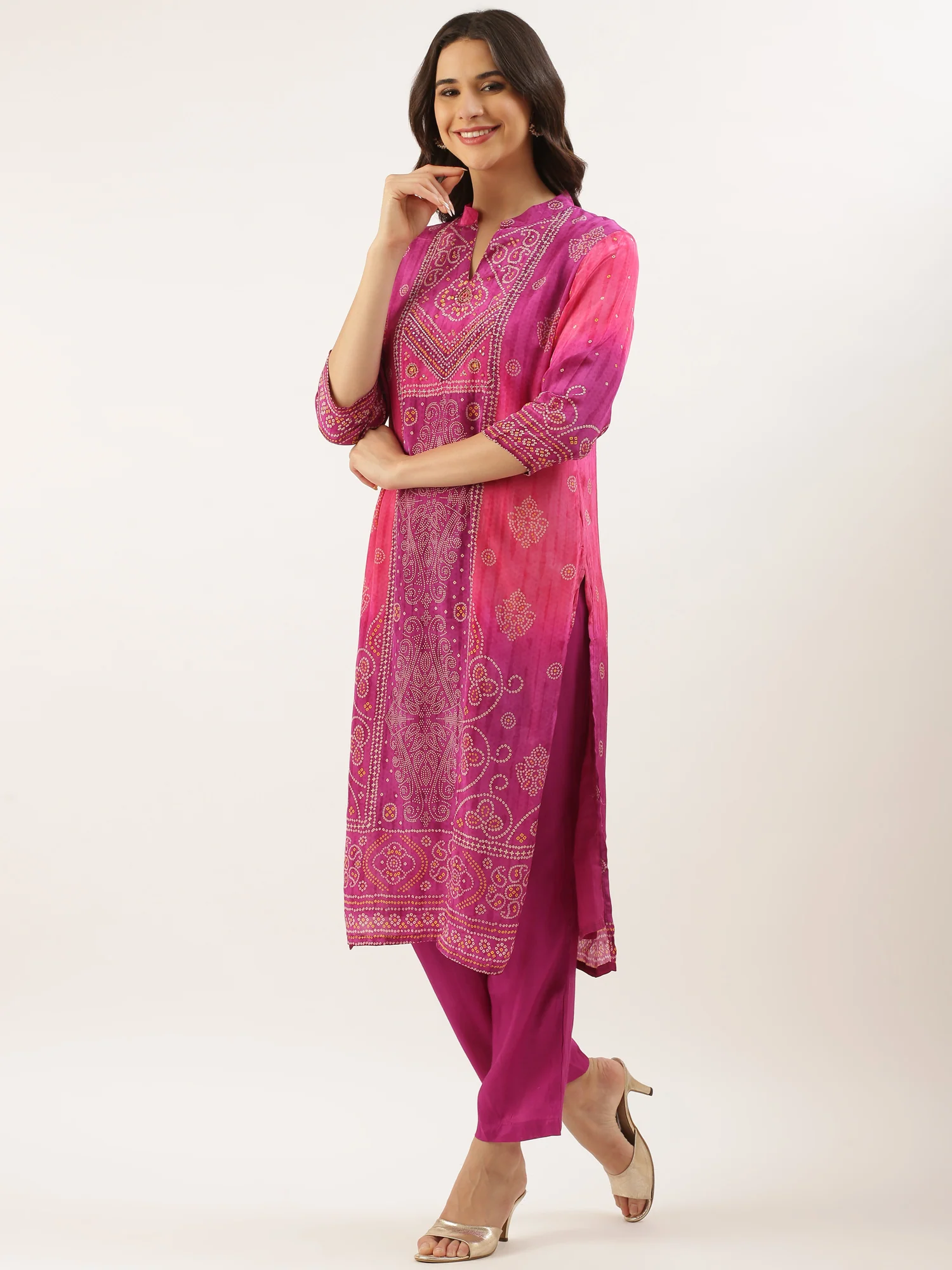 Magenta Muslin Bandhani Printed Three Piece Suit Set - Image 3