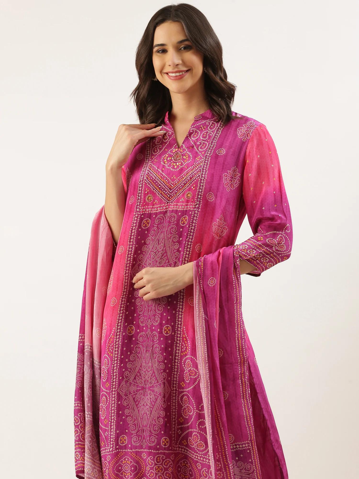 Magenta Muslin Bandhani Printed Three Piece Suit Set - Image 6