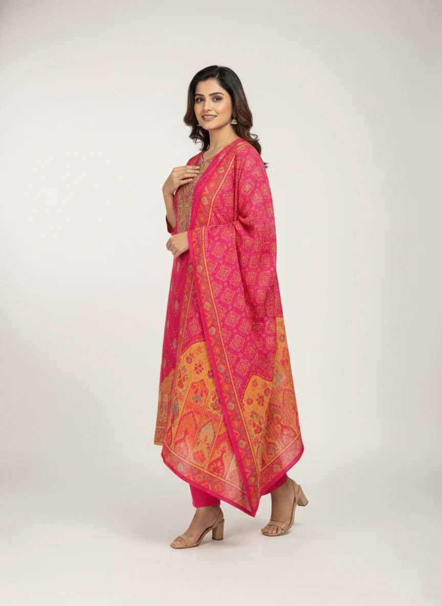 Magenta Muslin Digital Print Three Piece Set - Image 3