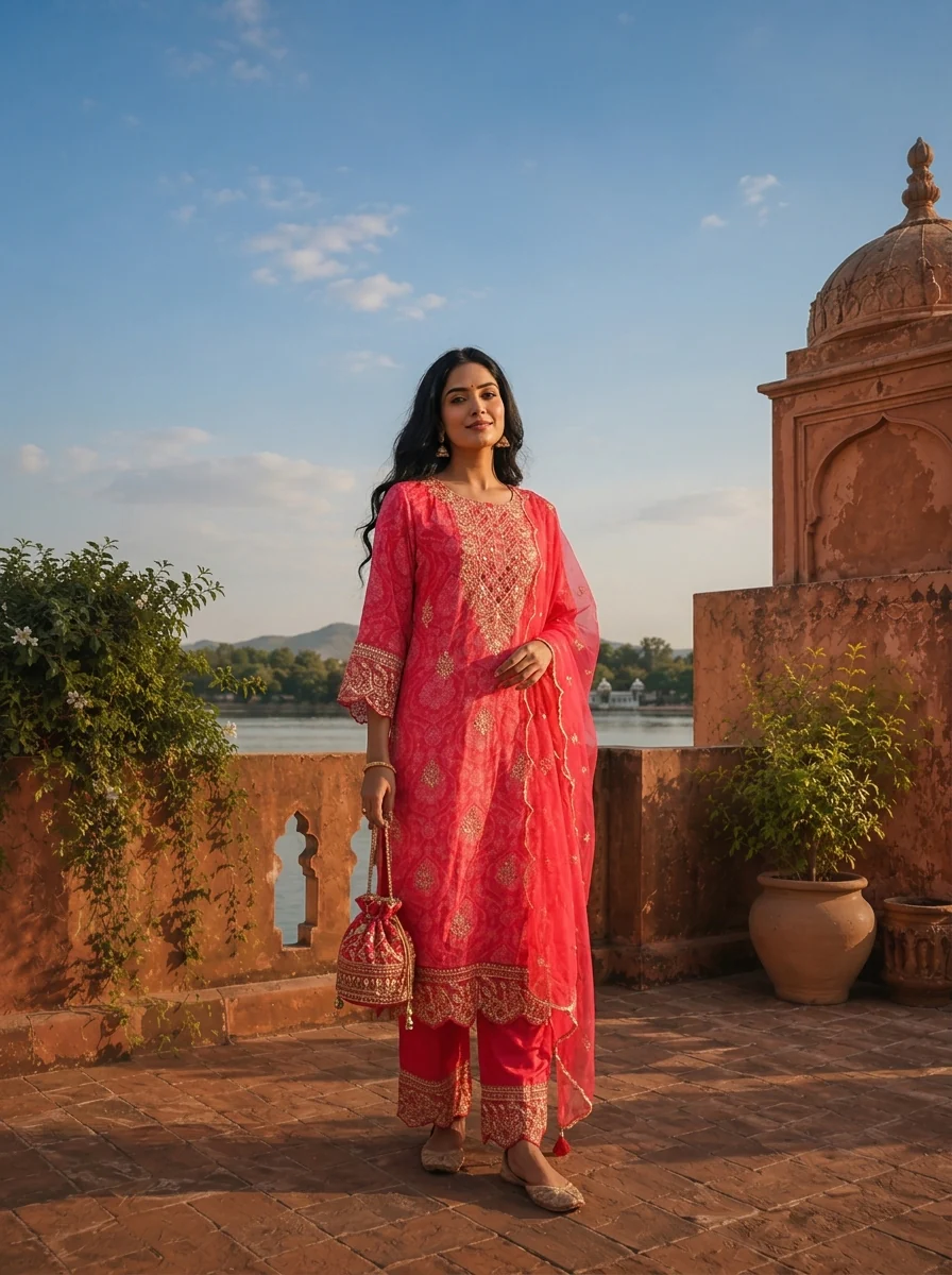 Magenta Muslin Floral Booti Printed Three Piece Set