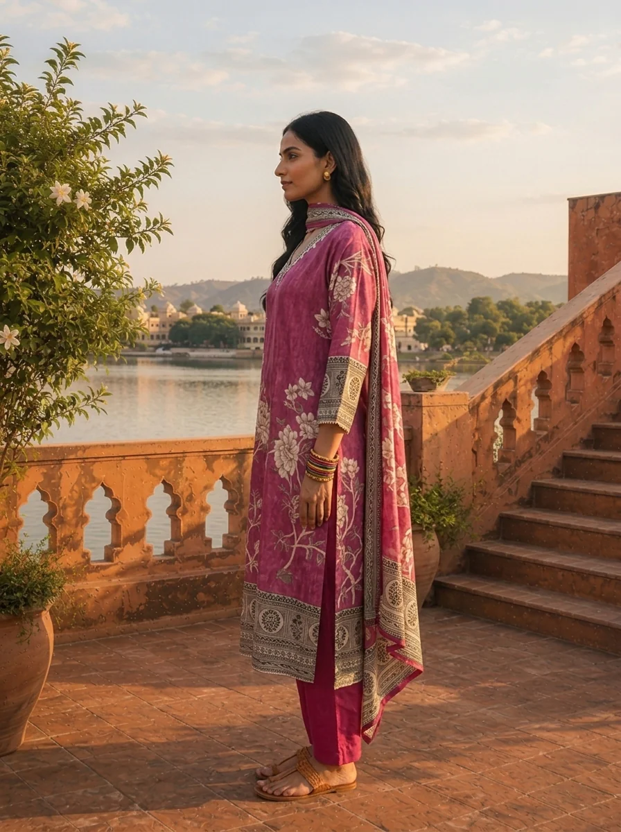 Magenta Muslin Floral Jaal Printed Three Piece Set - Image 2