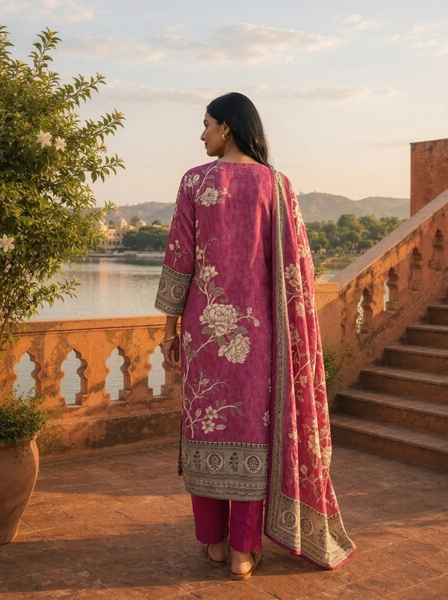 Magenta Muslin Floral Jaal Printed Three Piece Set - Image 3