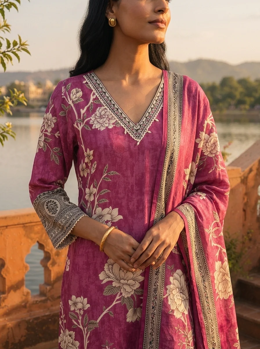 Magenta Muslin Floral Jaal Printed Three Piece Set - Image 4