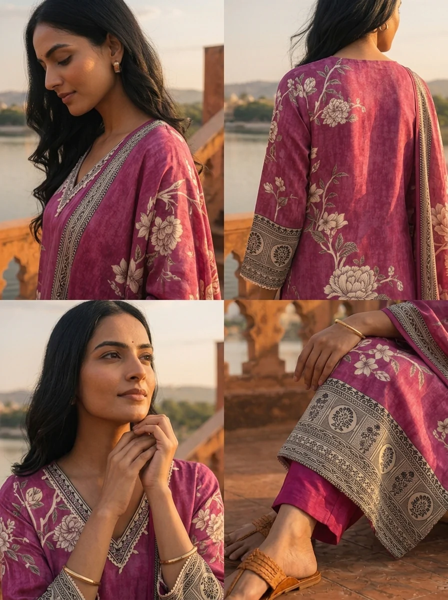 Magenta Muslin Floral Jaal Printed Three Piece Set - Image 5