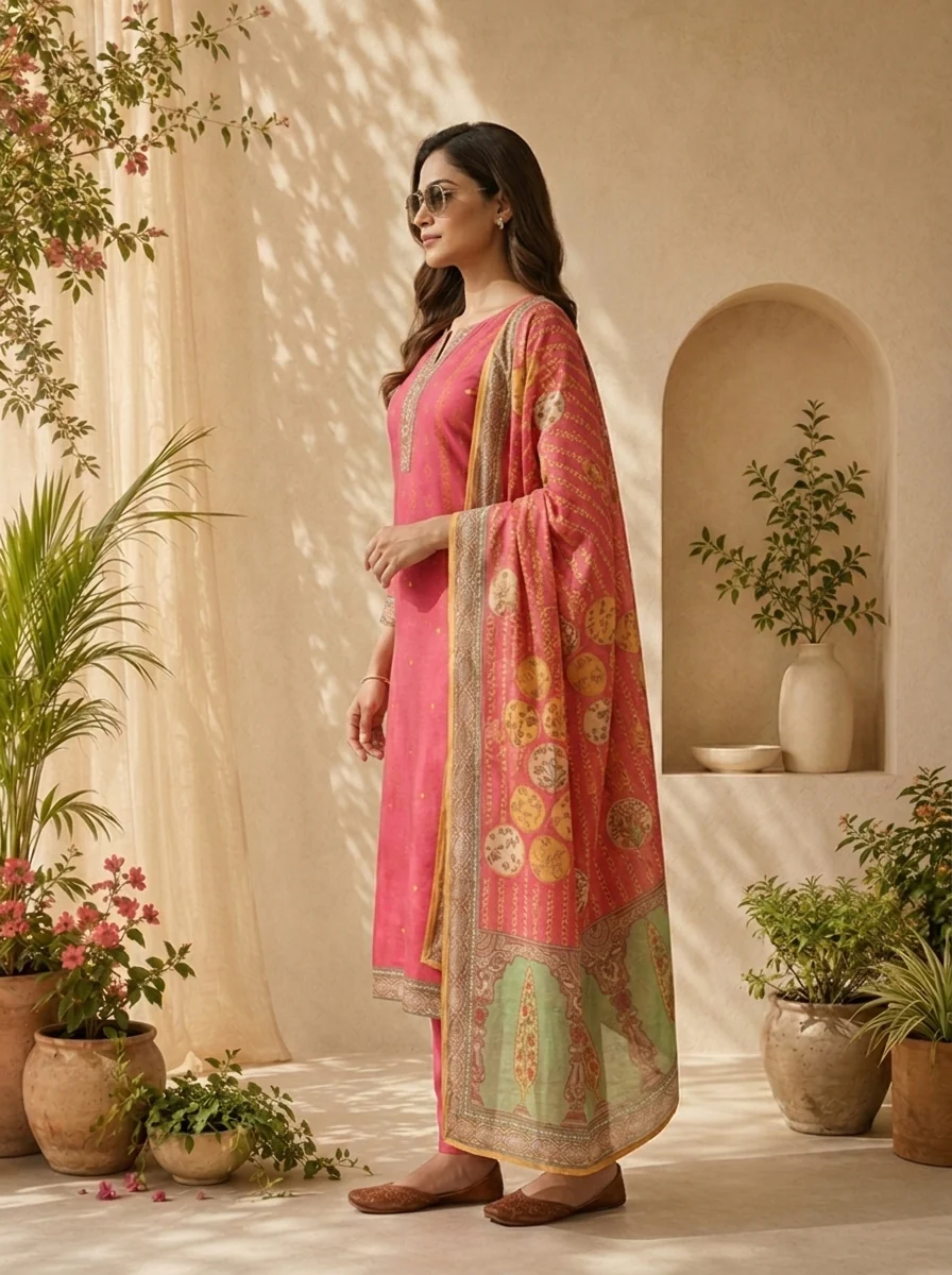 Magenta Paisley Motif Printed Three Piece Set - Image 3