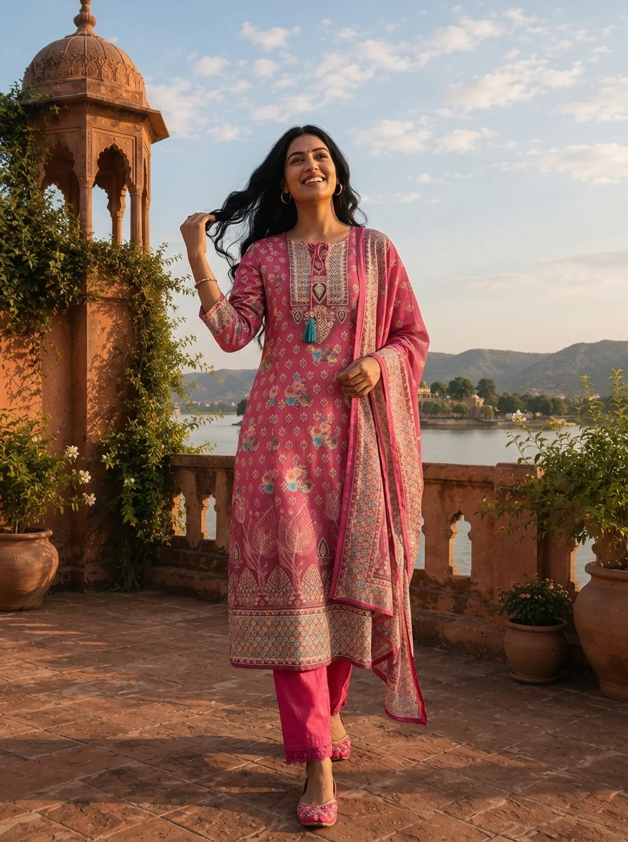 Magenta Silk Ajrakh Block Printed Three Piece Set - Image 2