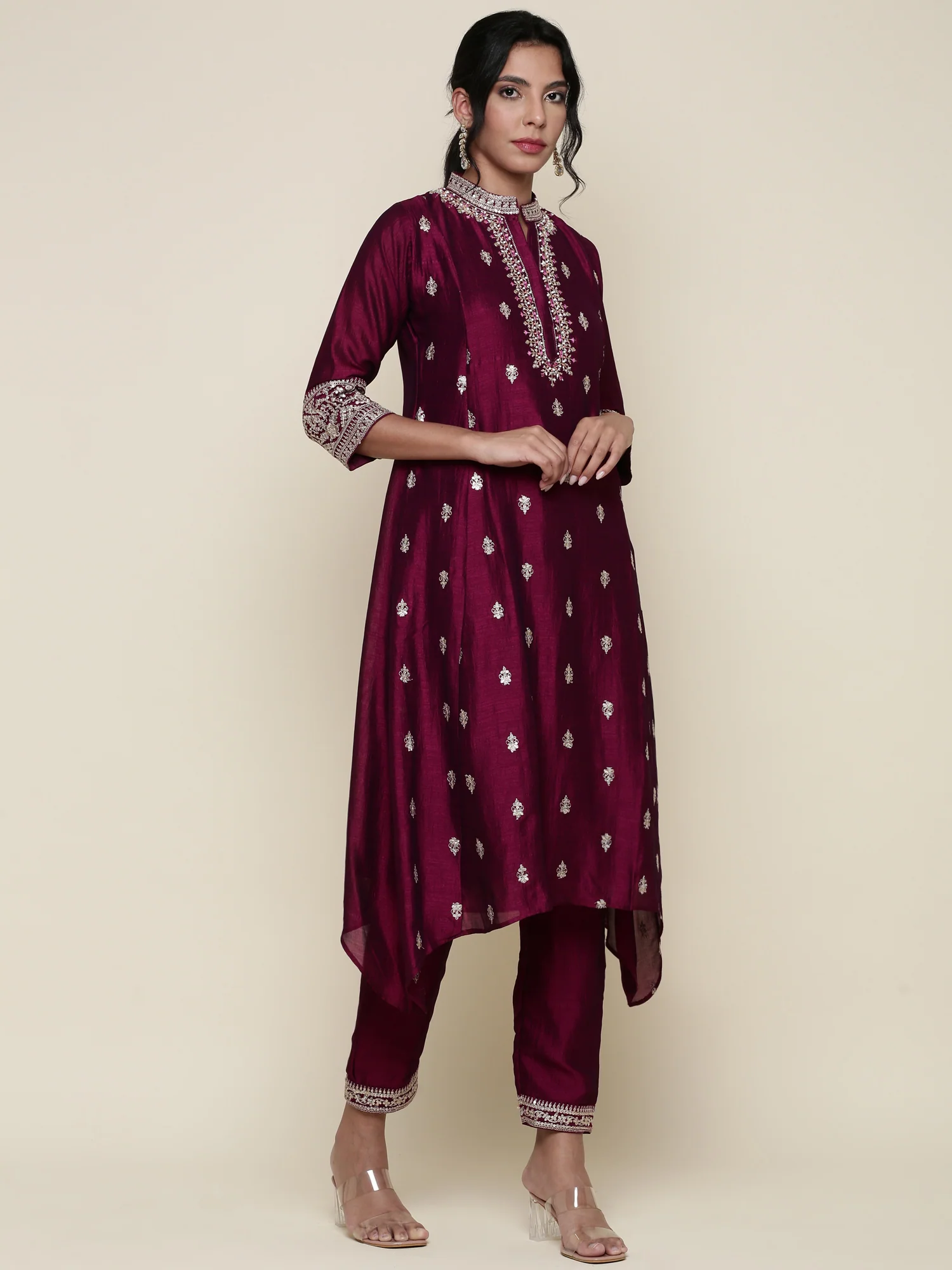 Magenta silk embroidered three piece anarkali set - Image 2