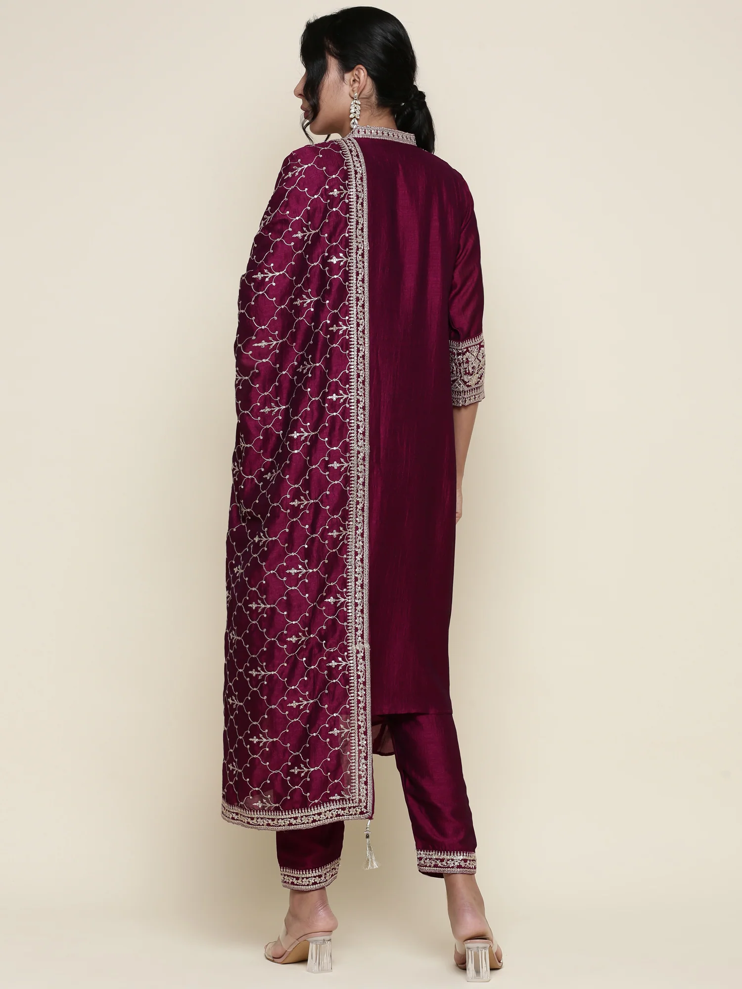 Magenta silk embroidered three piece anarkali set - Image 3