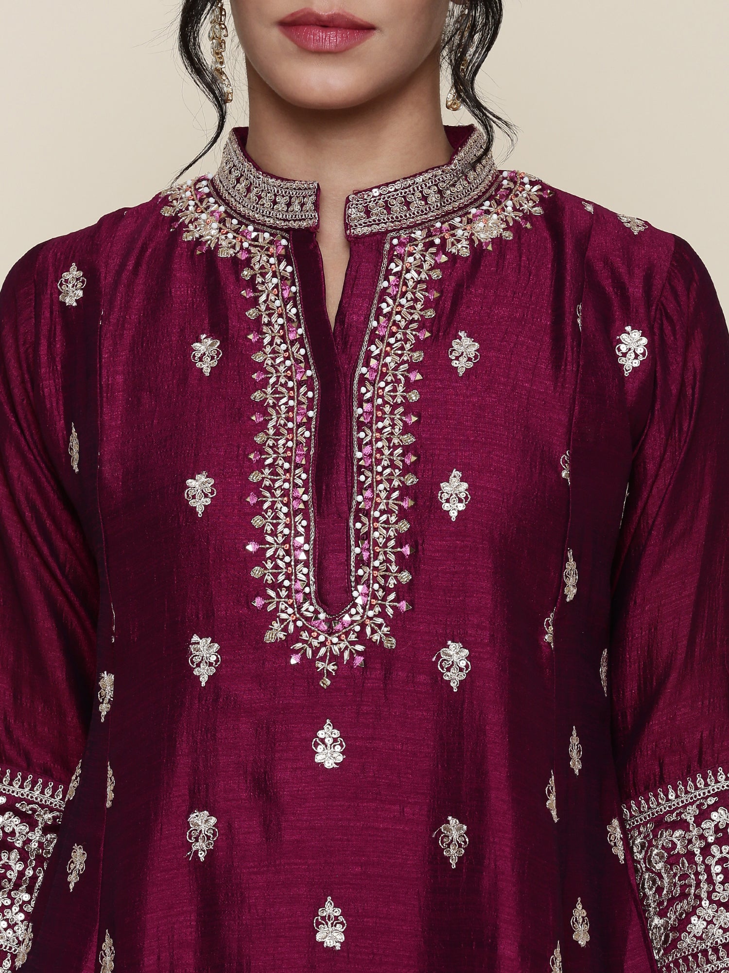 Magenta silk embroidered three piece anarkali set - Image 4