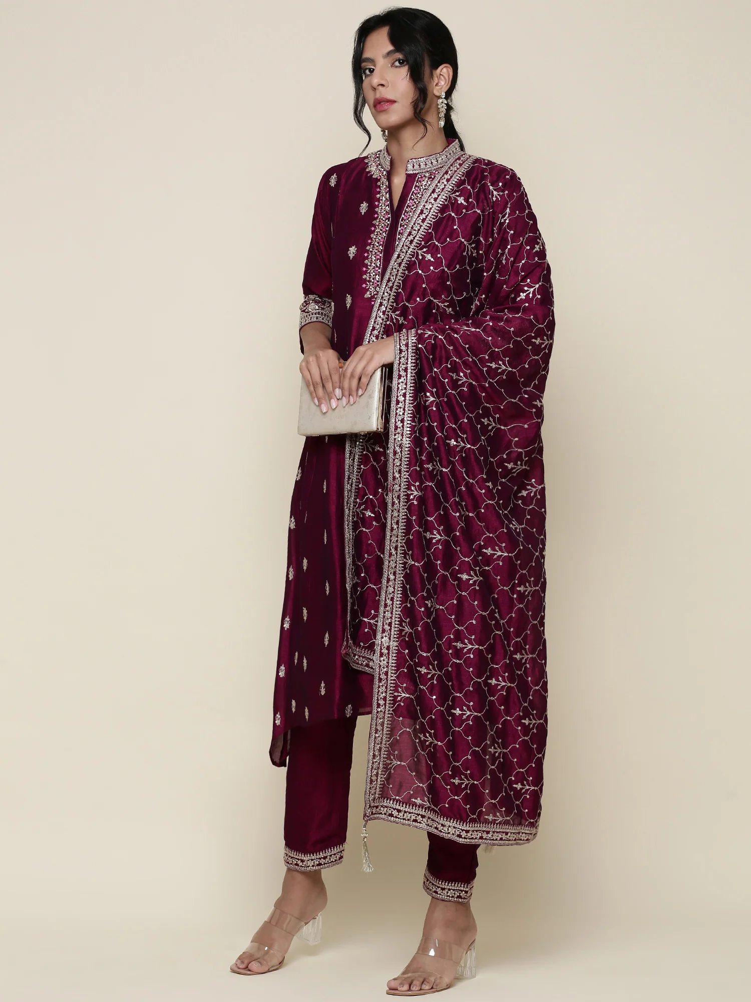 Magenta silk embroidered three piece anarkali set - Image 5