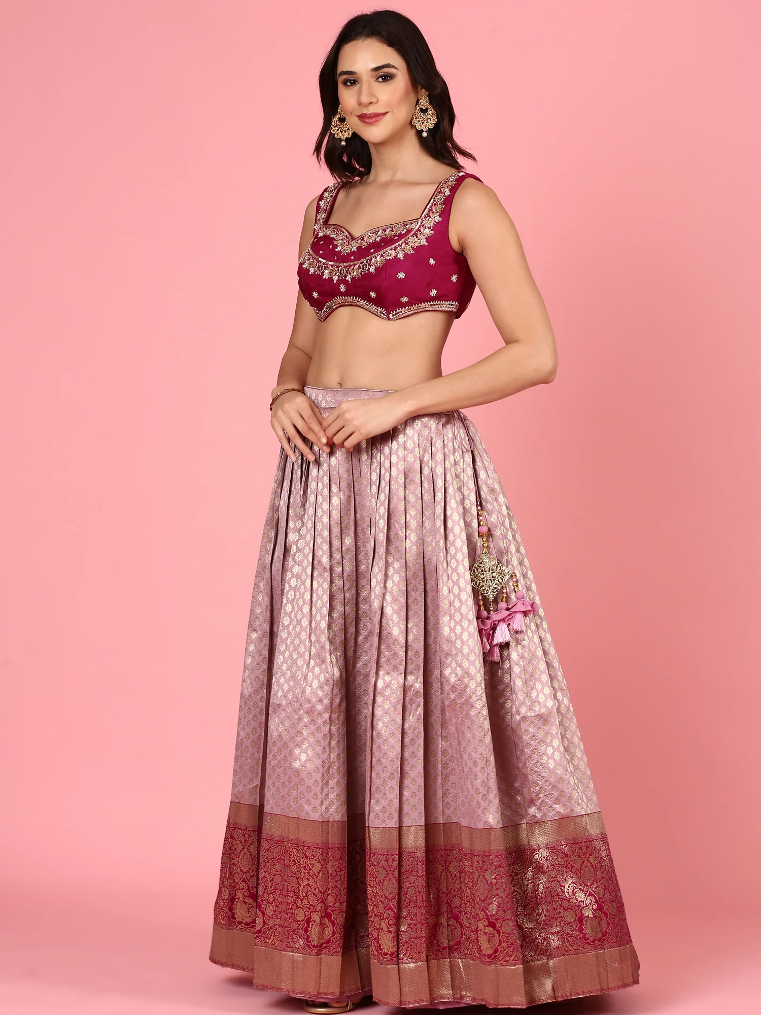 Magenta silk embroidered Three piece ghagra set - Image 2