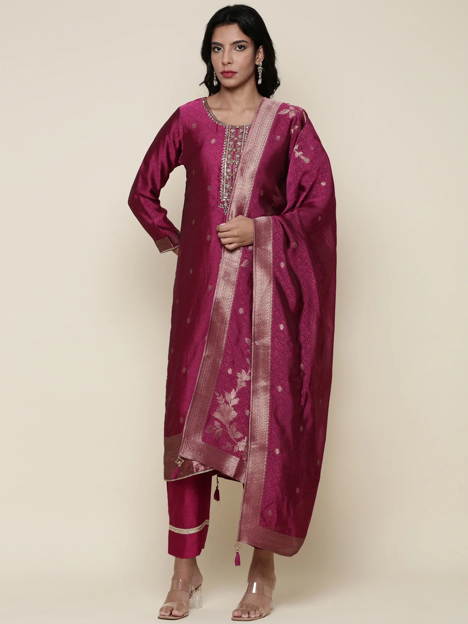 Magenta Silk embroidered three piece suit set - Image 2